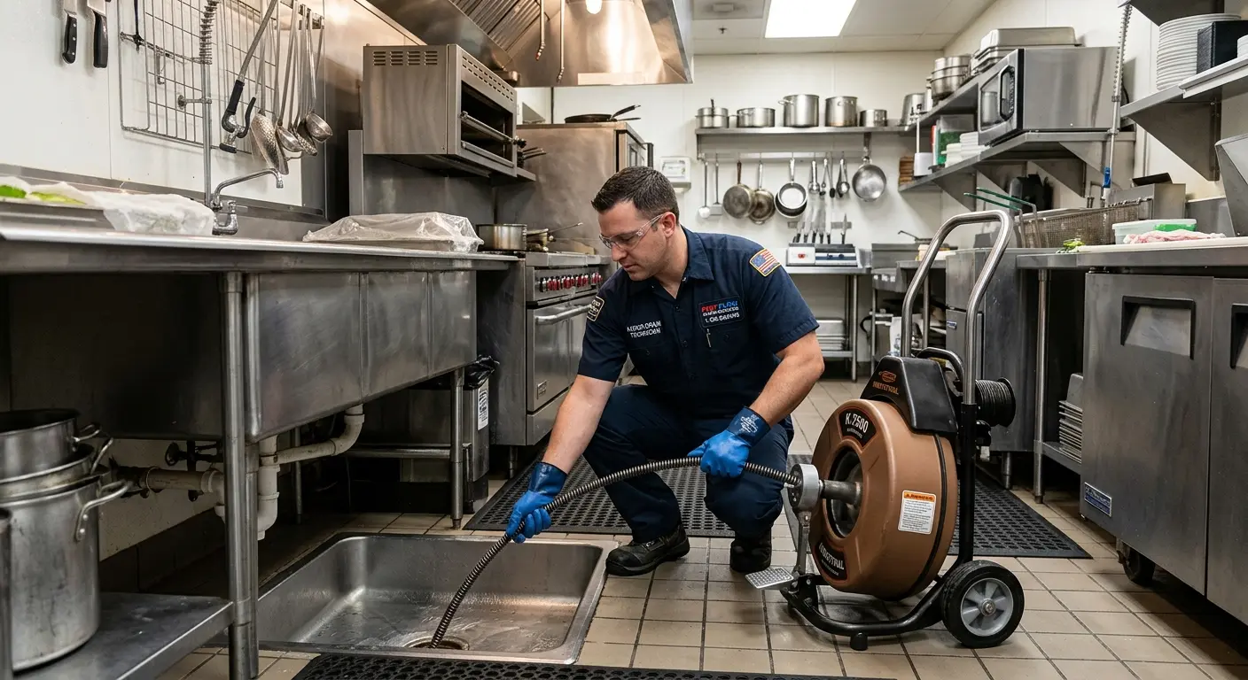Commercial drain cleaning service in a restaurant kitchen in North Miami
