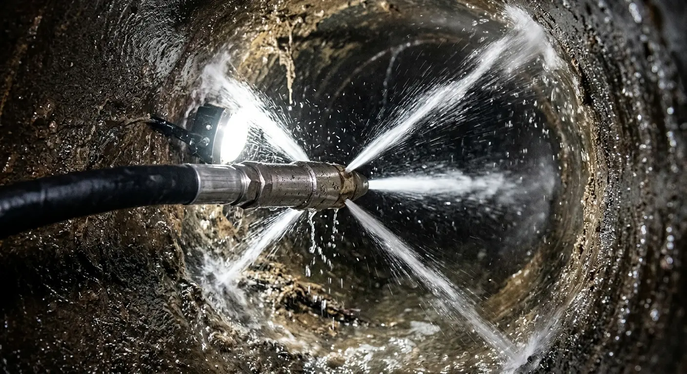High-pressure hydro jetting nozzle cleaning sewer pipe for Emergency Drain Service in North Miami