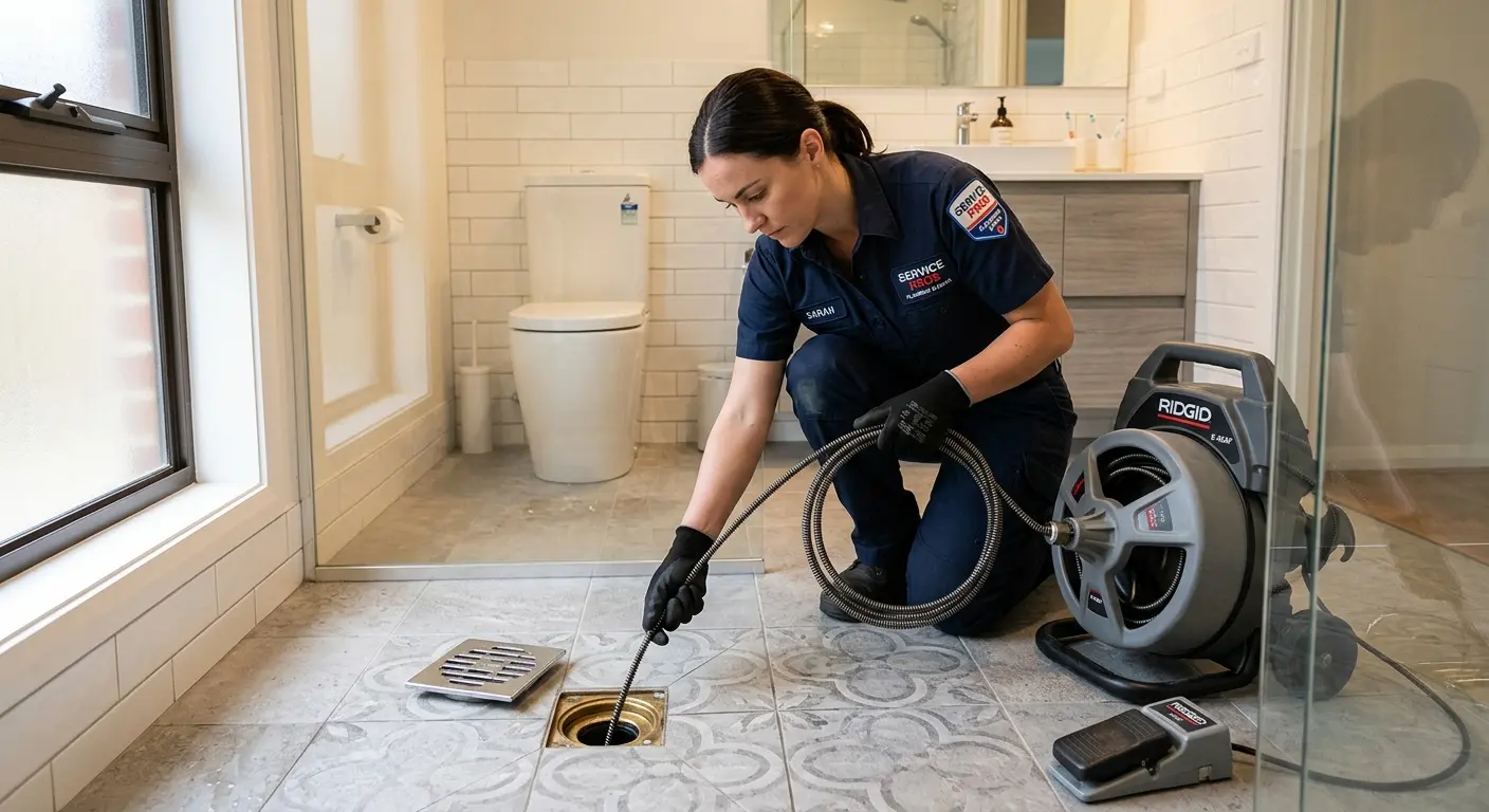 Technician clearing a bathroom floor drain for Drain Cleaning in North Miami